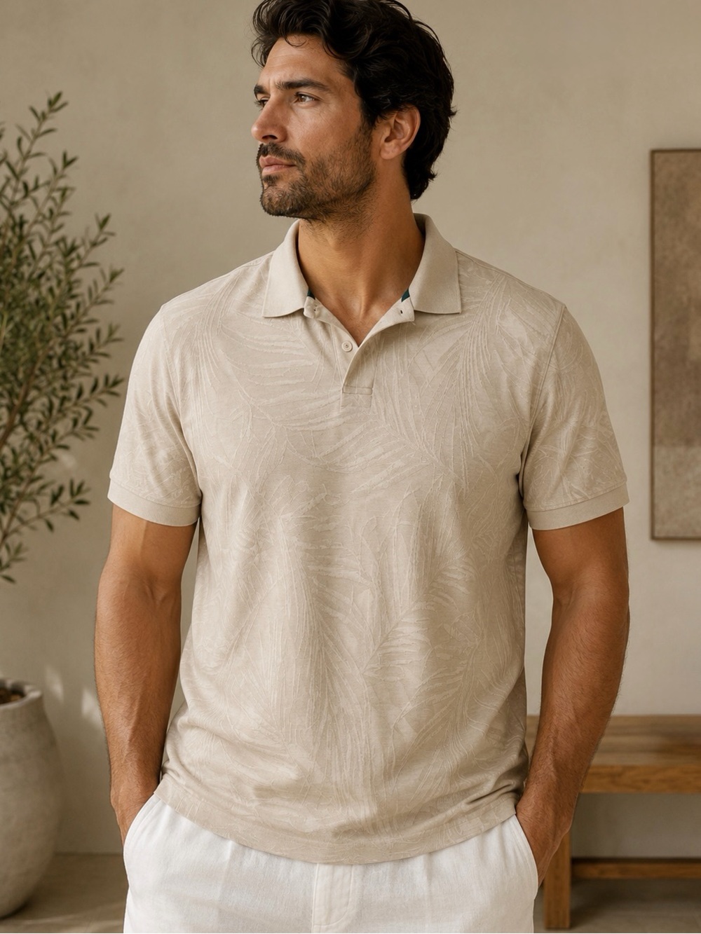 NWOT Ted Baker Beige Palm-Texture Polo Shirt Size 5 (XL)